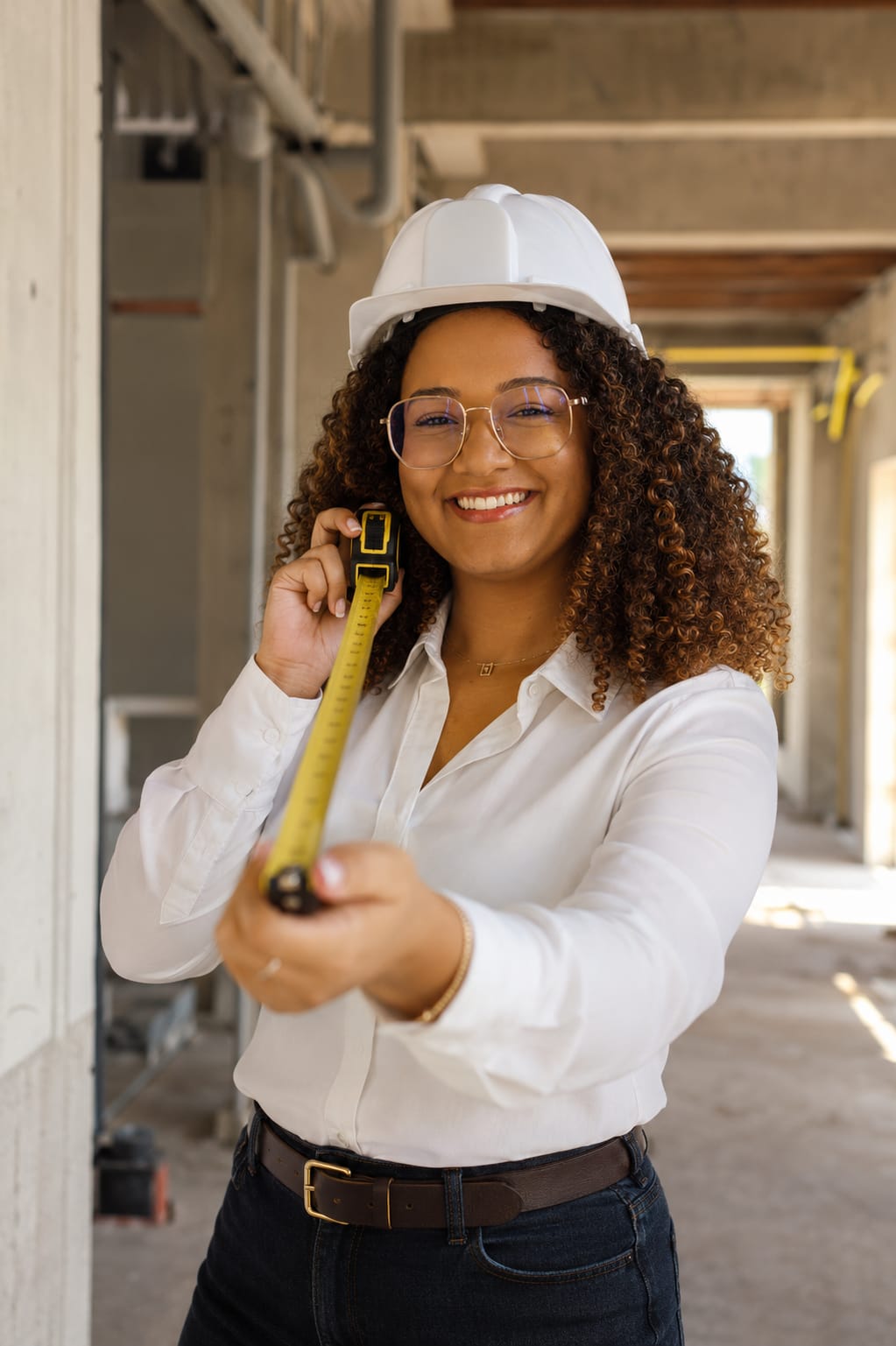 Fabíola Monteiro Martins, engenheira civil, com trena em obra